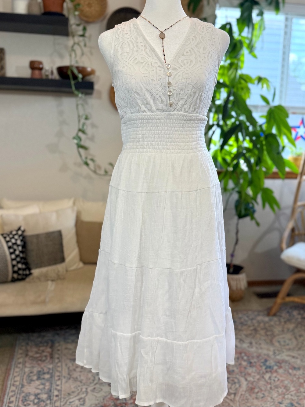 Sundress Lace Sleeveless Midi A-Line Dress Boho Hippie Eyelet Beach Coastal PM